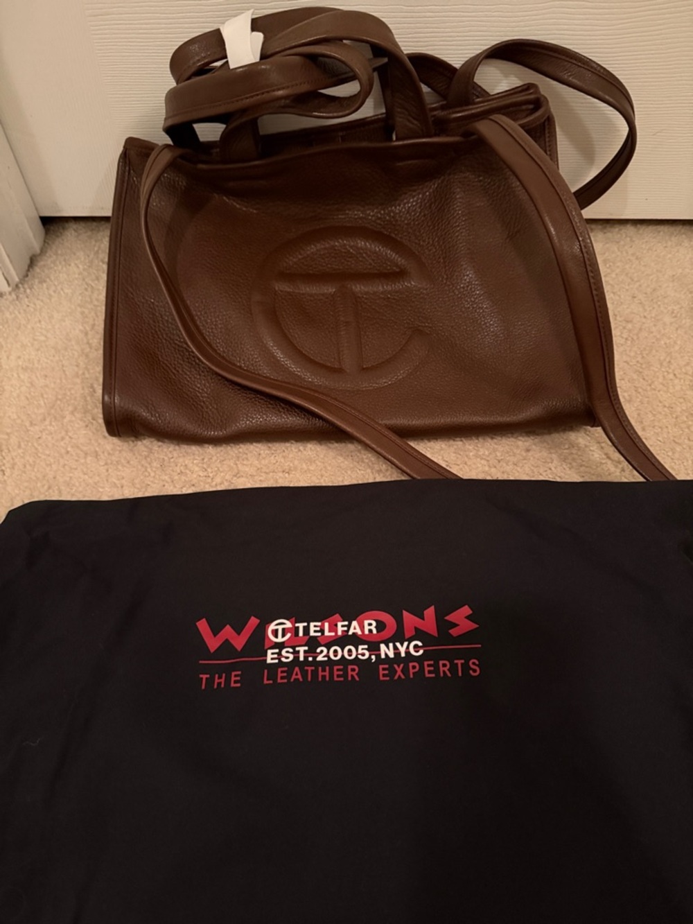 Telfar Brown Pebbled Leather Mini Tote with Embossed Logo